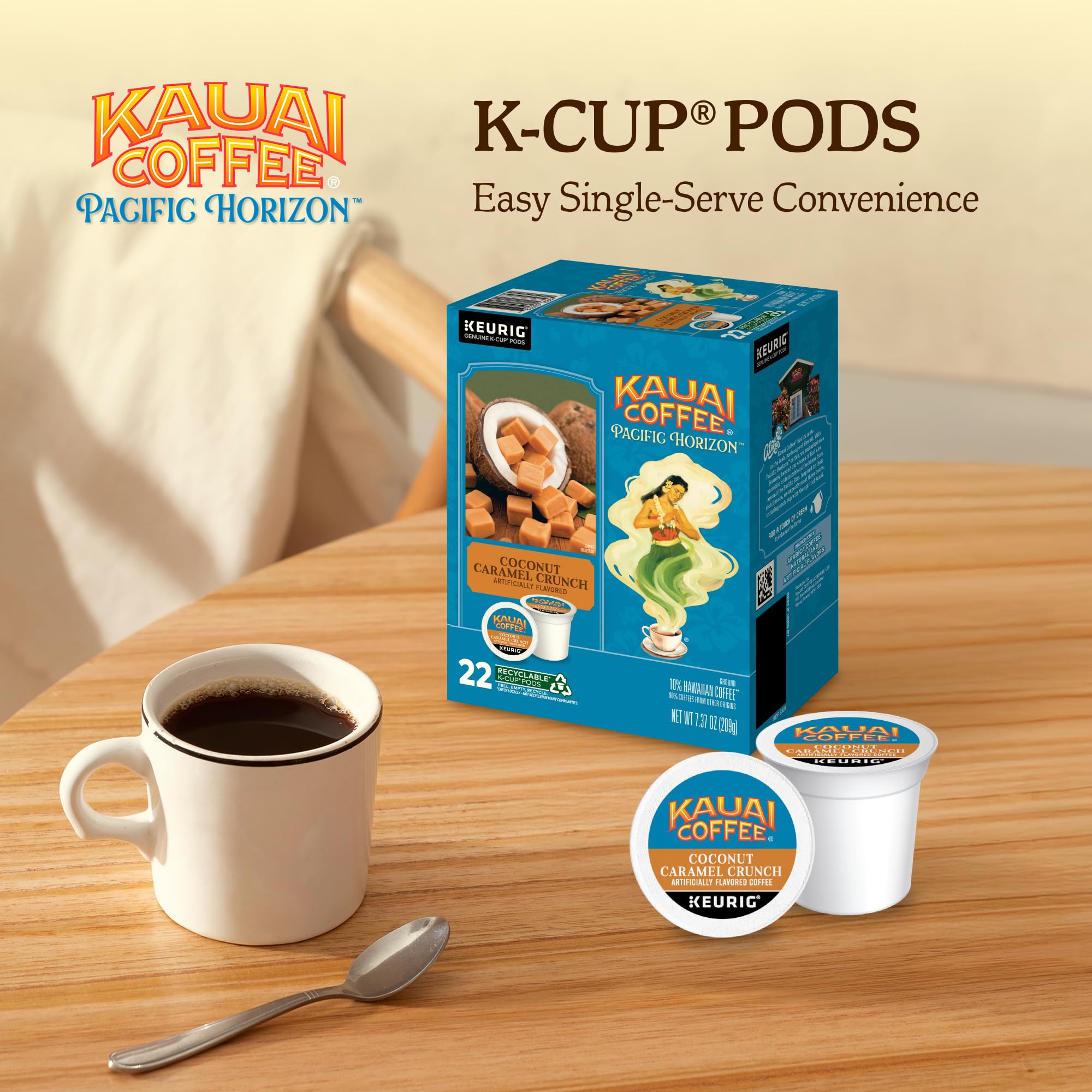 Kauai Coffee Keurig-compatible pods arranged for quick brewing