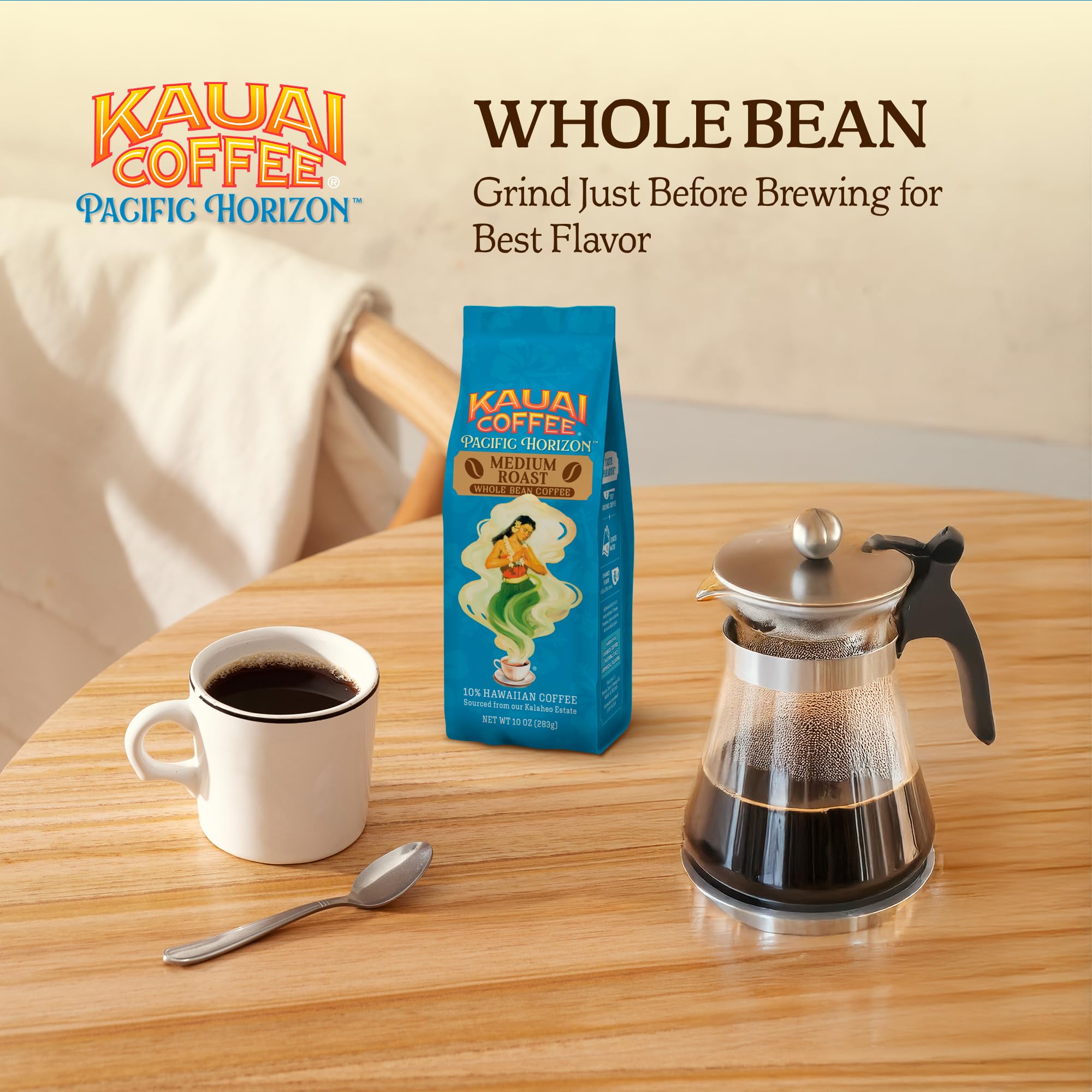 Steaming Kauai Coffee cup reveals bright aroma and delicate floral notes.