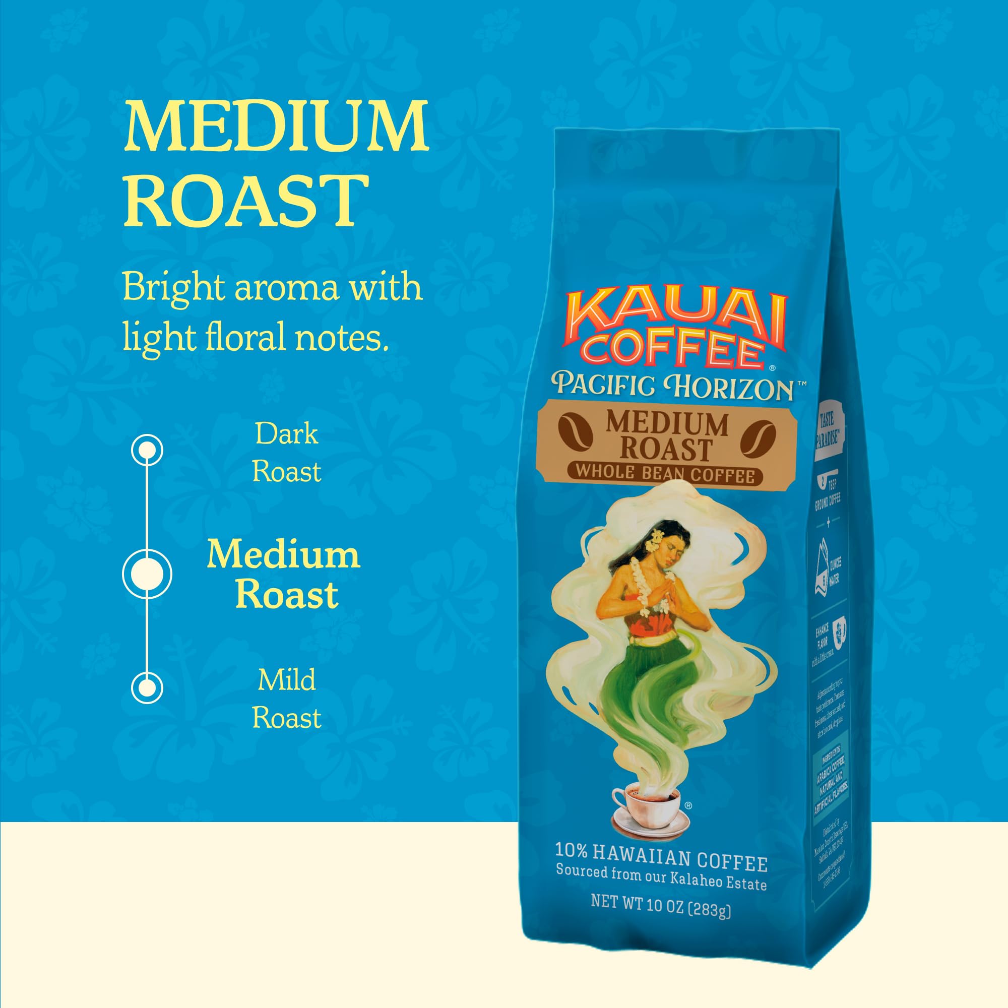 Kauai Coffee Koloa Estate packaging label signals freshness and premium quality.