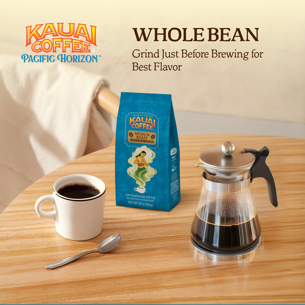 Kauai Coffee Koloa Estate Medium Roast grind-ready beans for any brew.