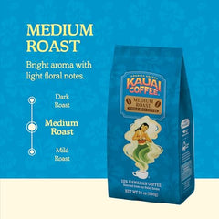 Kauai Coffee Koloa Estate Medium Roast whole beans in a jar for grinding.