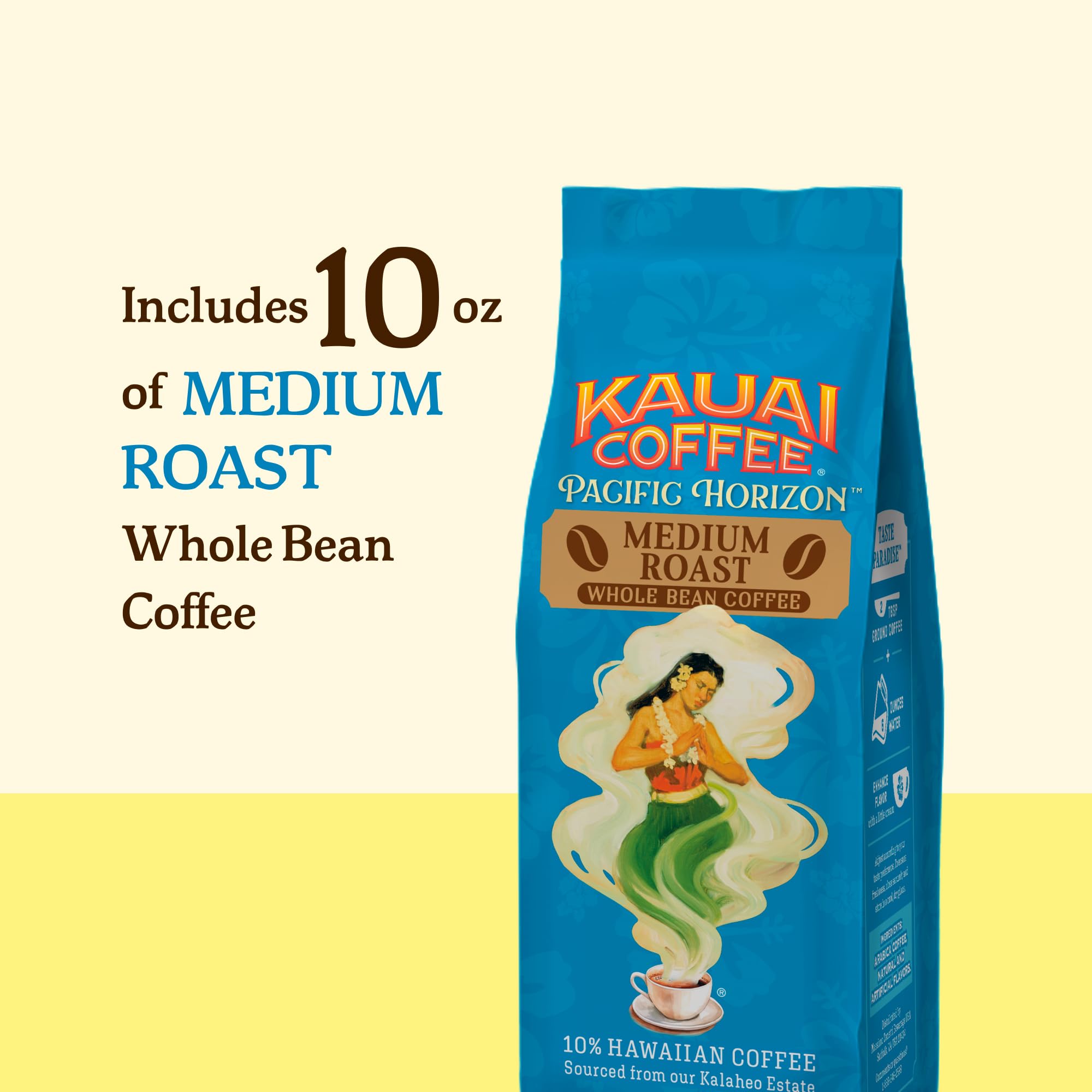 Steaming cup of Kauai Coffee showcases inviting aroma.