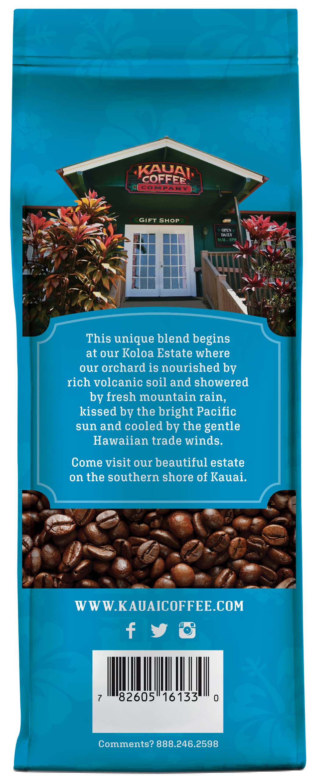Macro detail of volcanic soil behind Kauai Coffee beans hints at terroir.