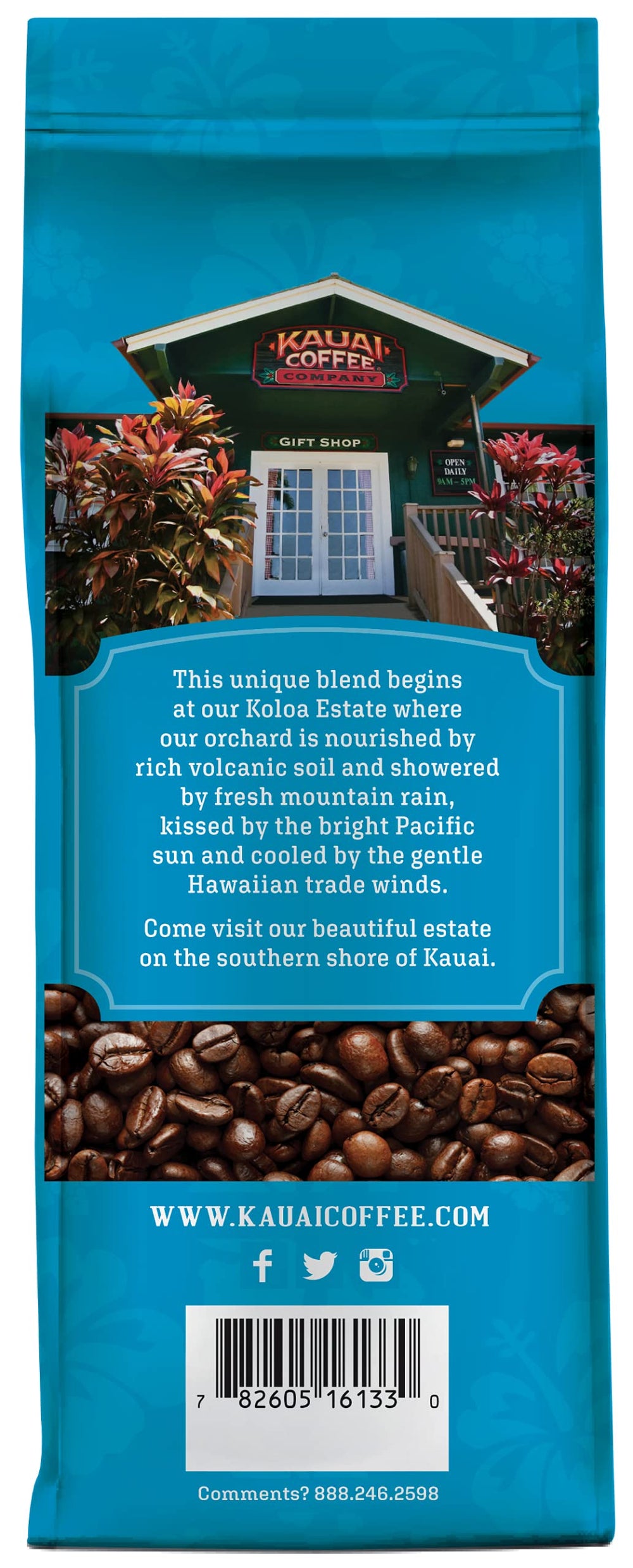 Macro detail of volcanic soil behind Kauai Coffee beans hints at terroir.