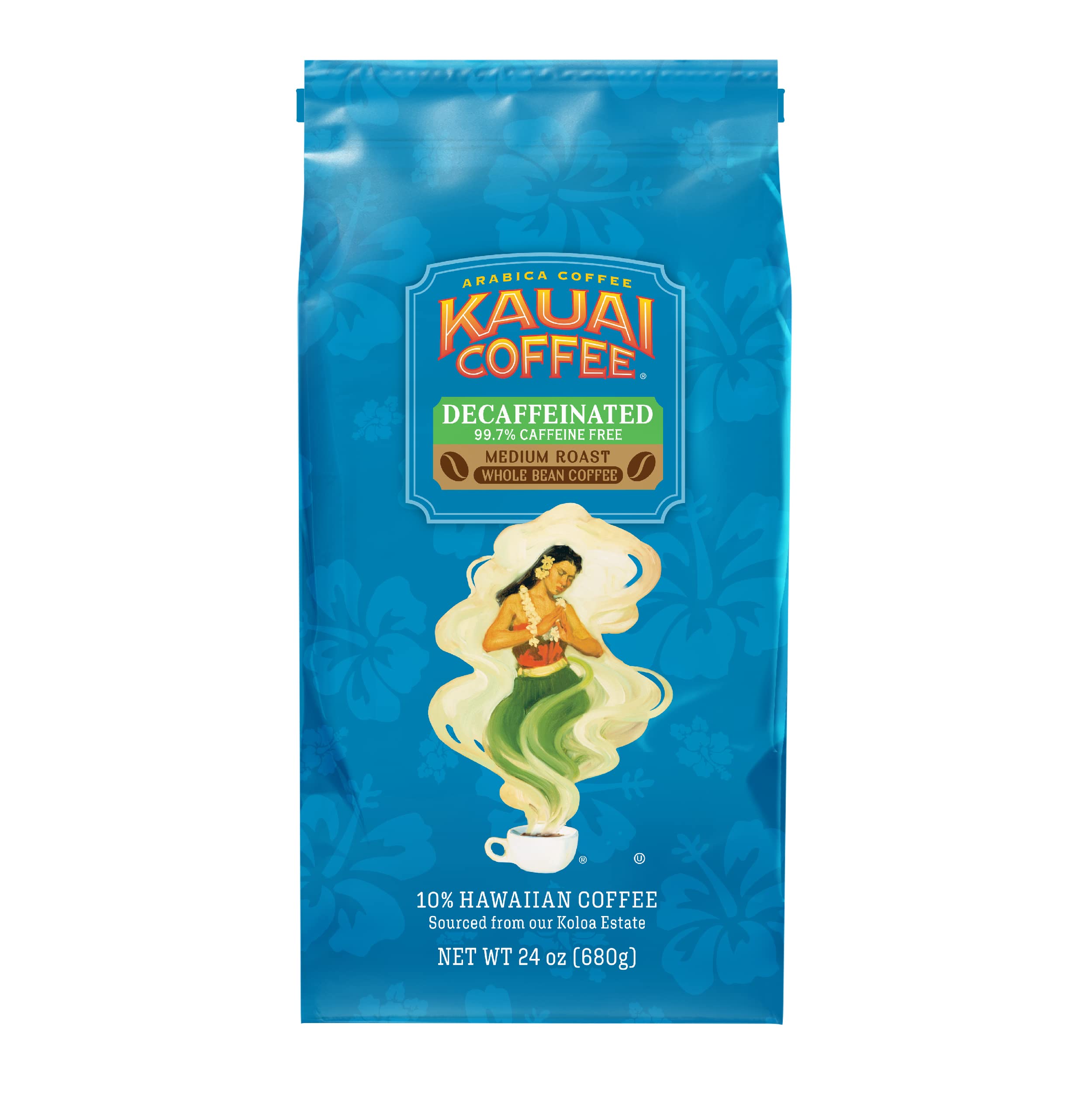 Kauai Coffee Koloa Estate whole bean 24oz bag delivers a smooth, non-bitter cup at home.