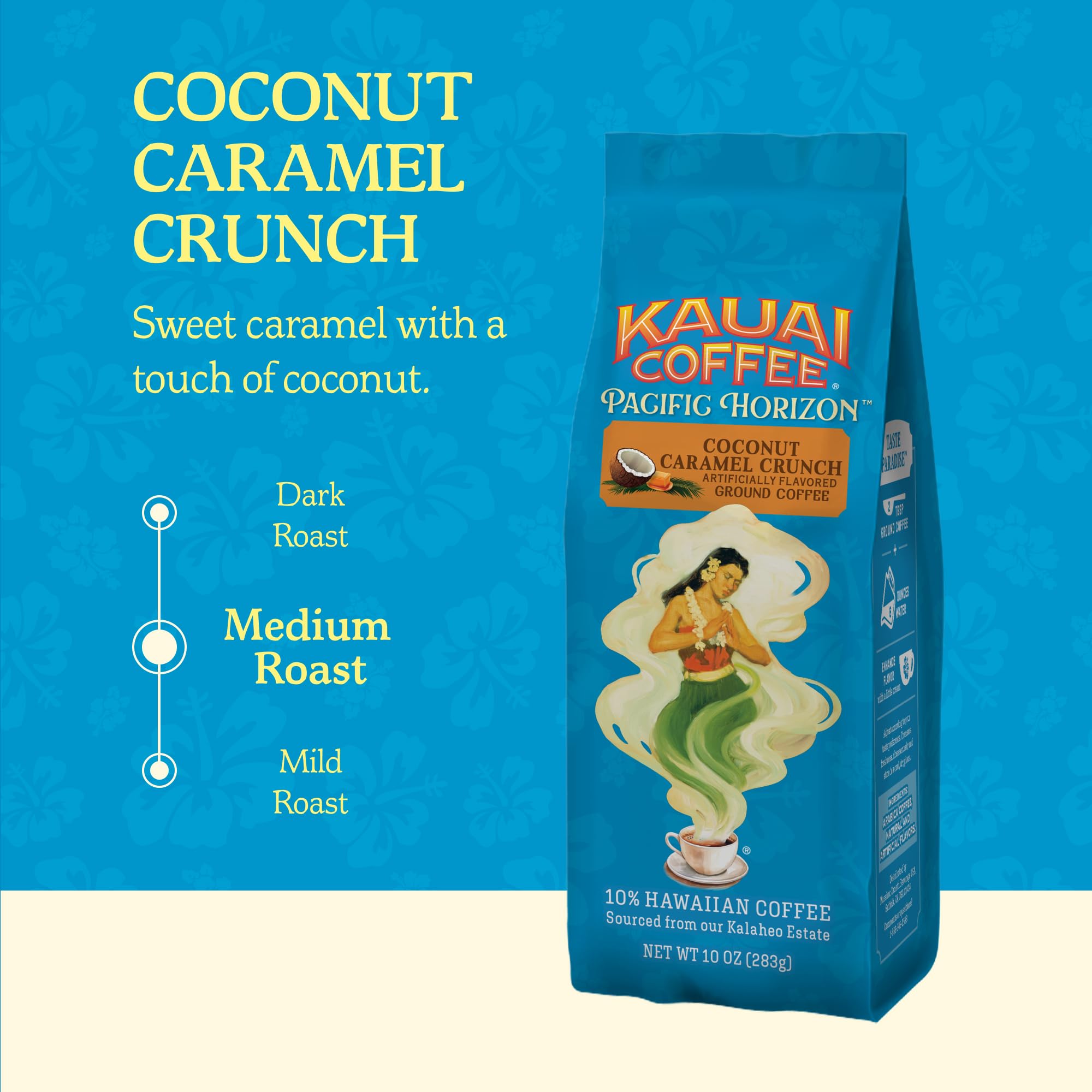 Kauai Coffee medium roast steaming cup shows balanced body and aroma.