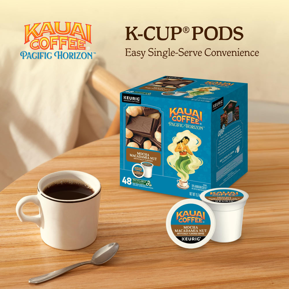 Steaming cup reveals savory, chocolatey aroma from Mocha Macadamia Nut flavor.