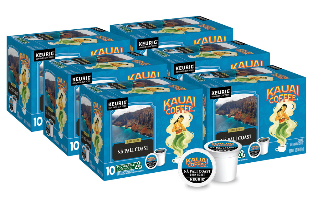 Kauai Coffee Na Pali Coast Dark Roast packaging front view, bold aroma and island origin.