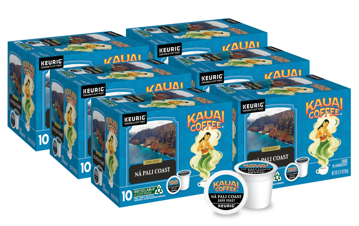 Kauai Coffee Na Pali Coast Dark Roast packaging front view, bold aroma and island origin.