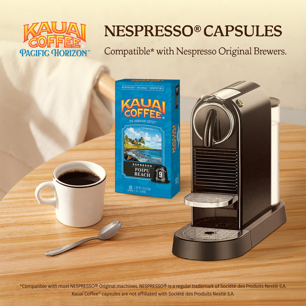 Kauai Coffee Poipu Beach aluminum pod closeup highlights eco-friendly packaging and freshness.