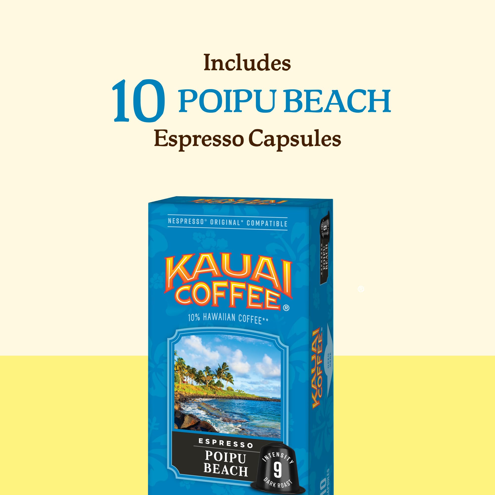 Kauai Coffee Poipu Beach carton on counter illustrates convenient 10-pack for busy mornings.