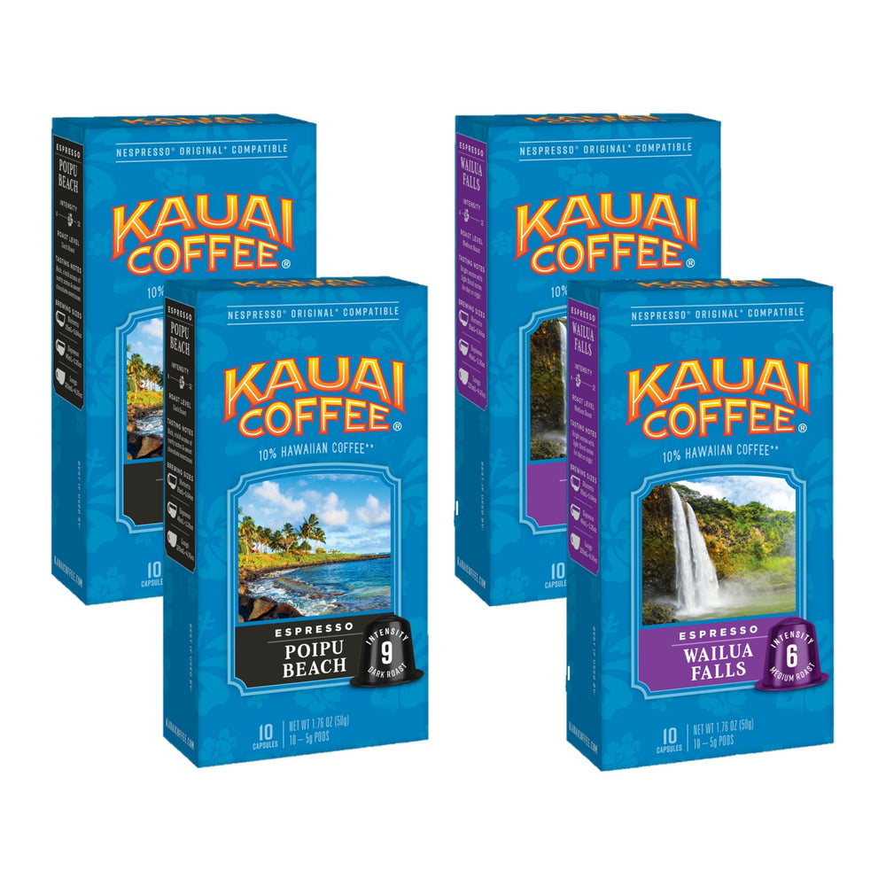 Kauai Coffee Poipu Beach Dark Roast pod for bold espresso at home.