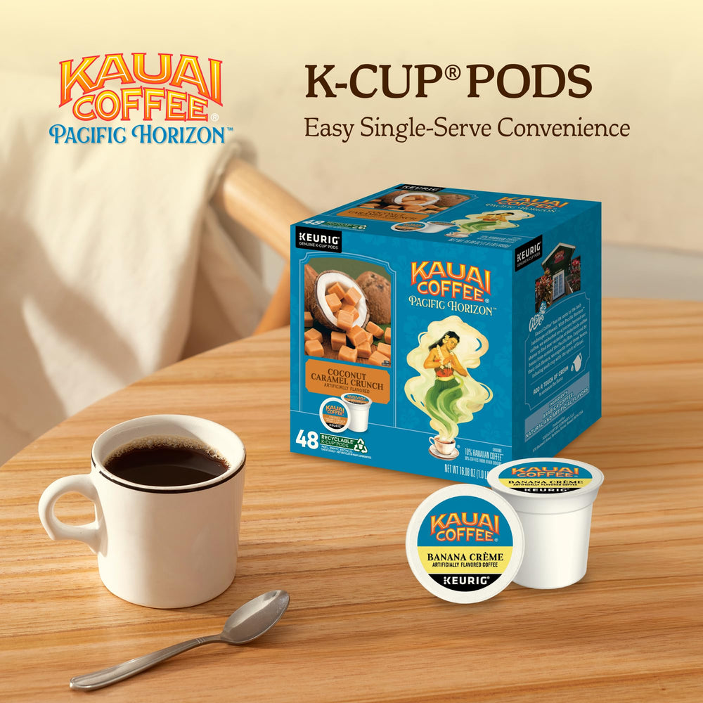Kauai Coffee recyclable pod icon indicating eco-friendly option.