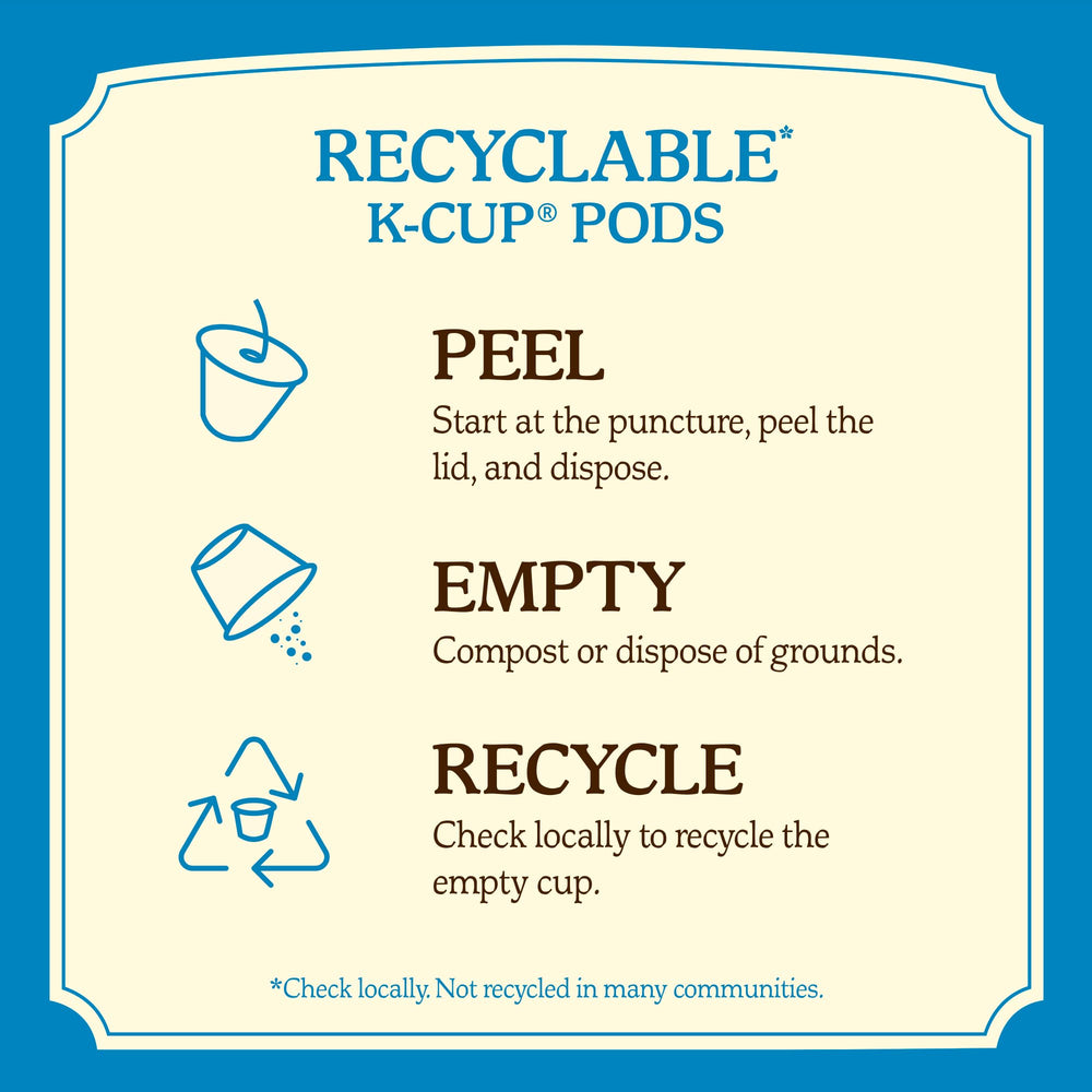 Eco-friendly recyclable pods label with recycling guidance.
