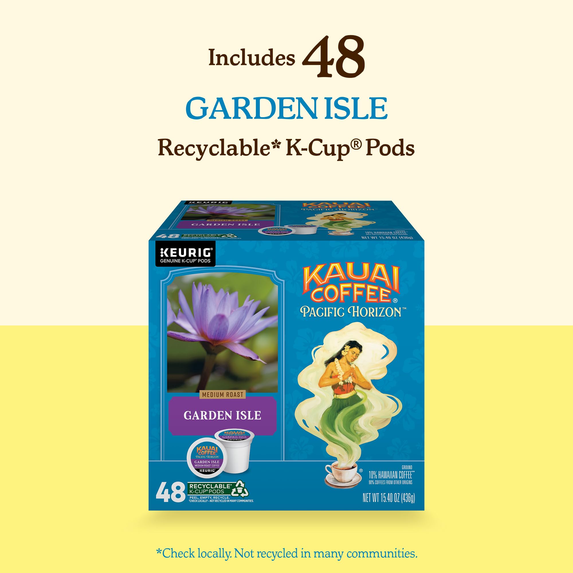 Kauai Coffee recyclable pods support eco-friendly brewing where permitted.