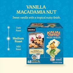 Kauai Coffee Vanilla Macadamia Nut brew in a steaming cup, showcasing a smooth medium roast.