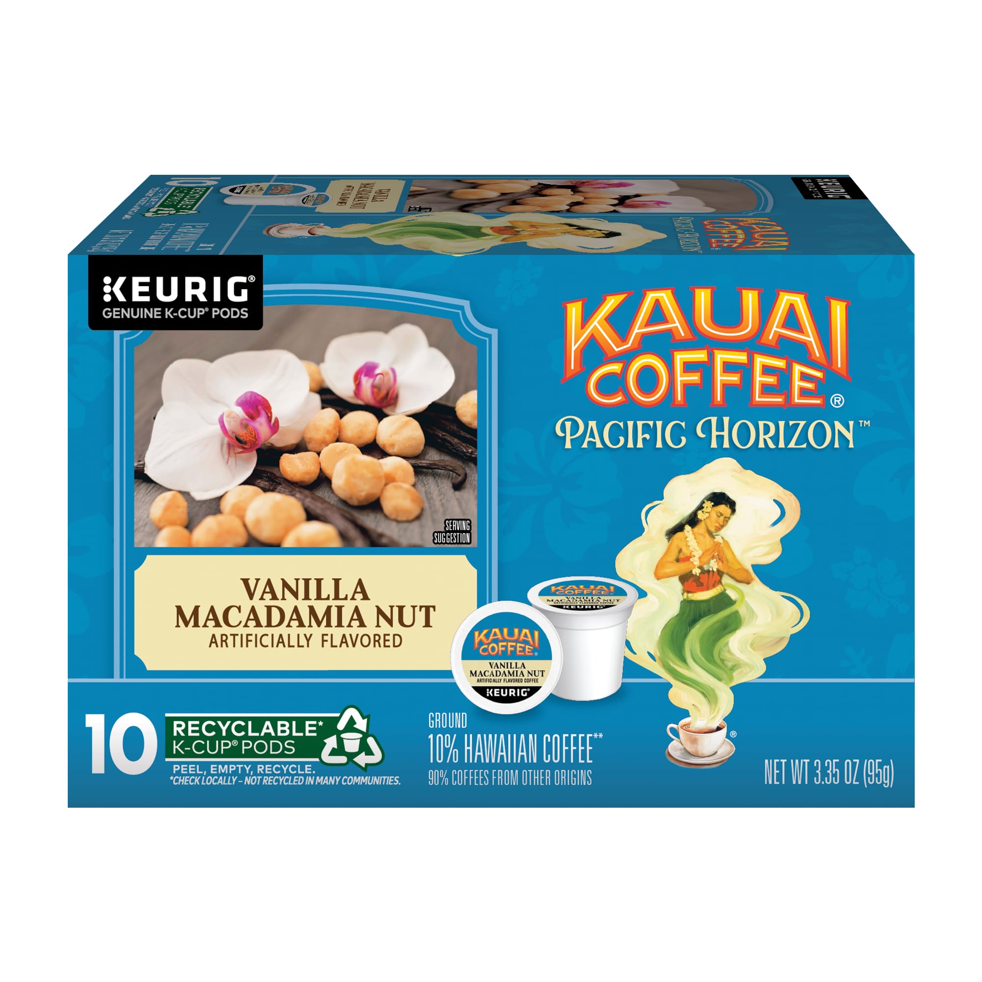 Kauai Coffee Vanilla Macadamia Nut K-Cup Pod close-up showcasing premium flavor.