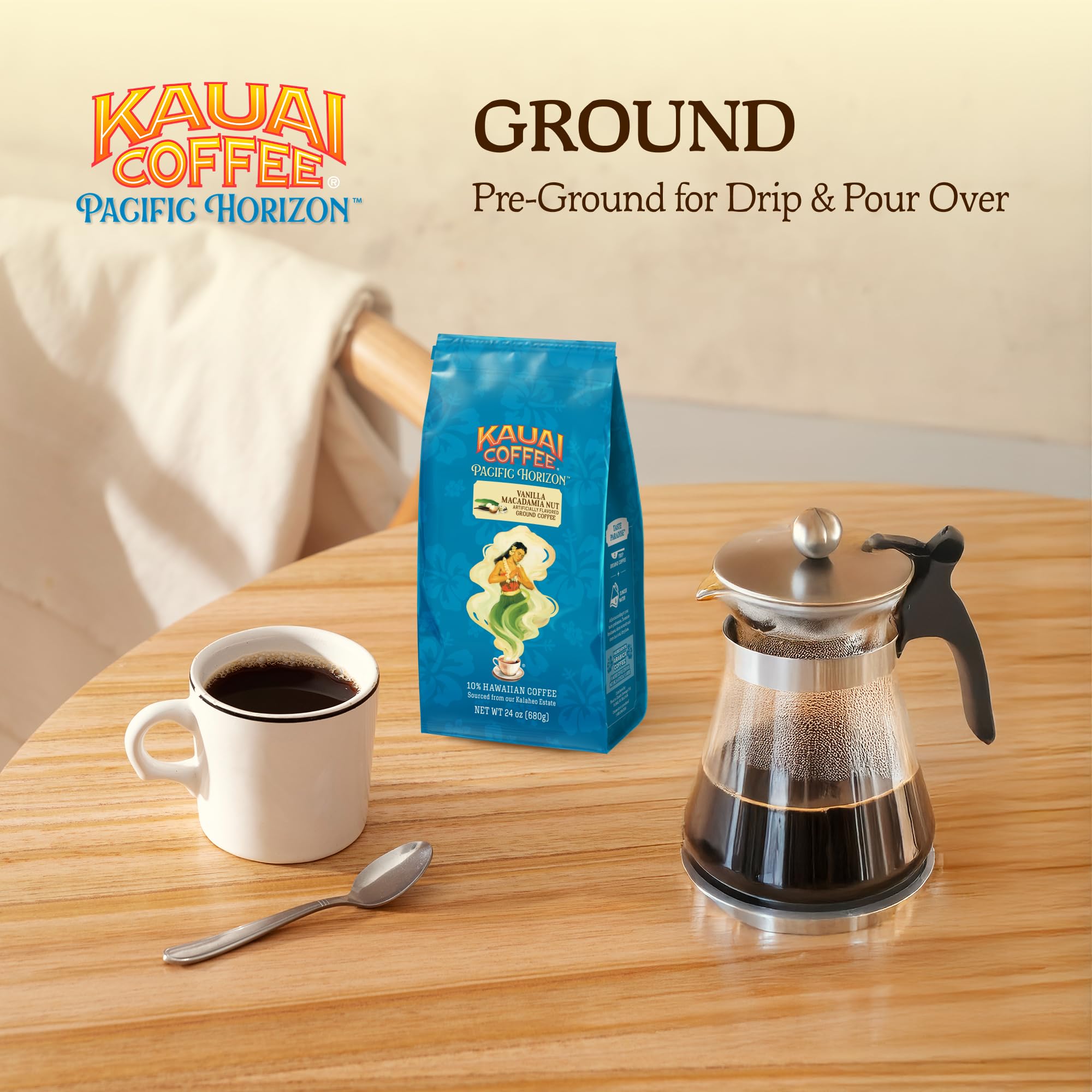 Kauai Coffee Vanilla Macadamia Nut label closeup emphasizes flavor notes
