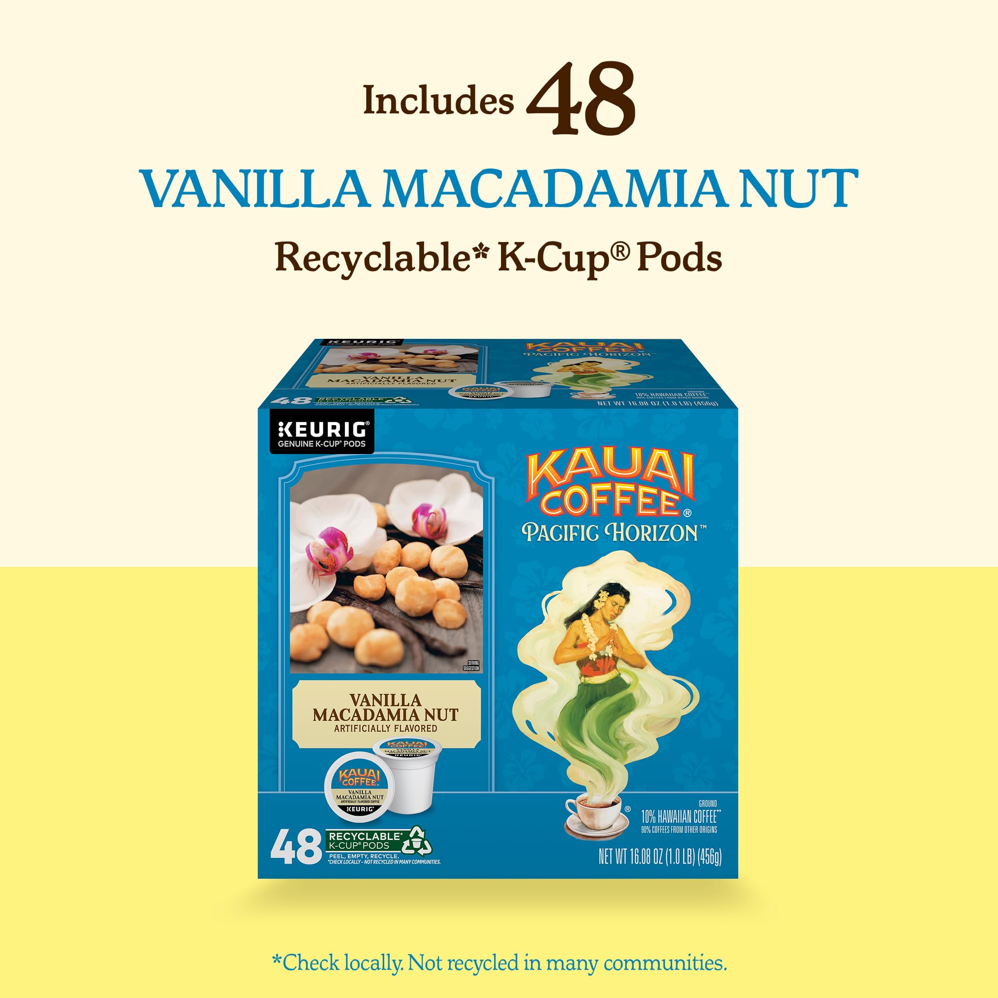 Vanilla Macadamia Nut notes with Kauai Coffee branding in background.