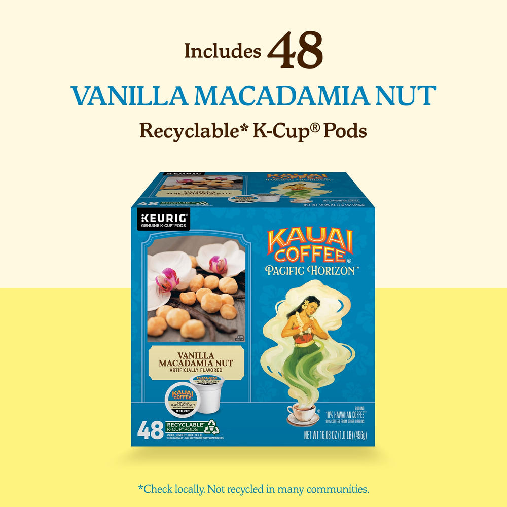 Vanilla Macadamia Nut notes with Kauai Coffee branding in background.