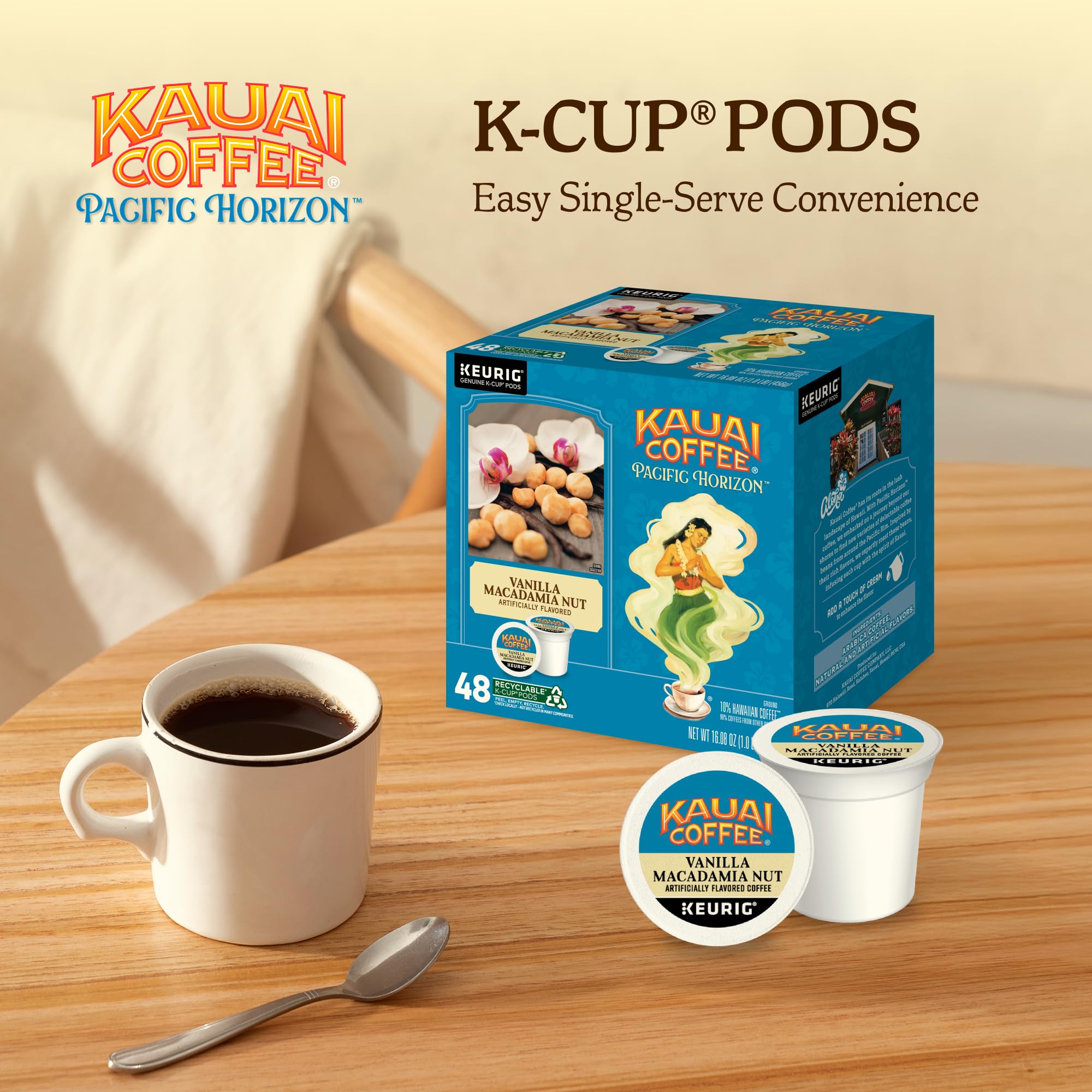 Packaging of Kauai Coffee Vanilla Macadamia Nut K-Cups, ready for home use.
