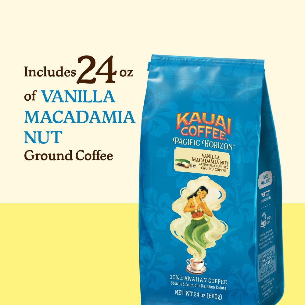 Kauai Coffee Vanilla Macadamia packaging closeup showcases gift-ready presentation
