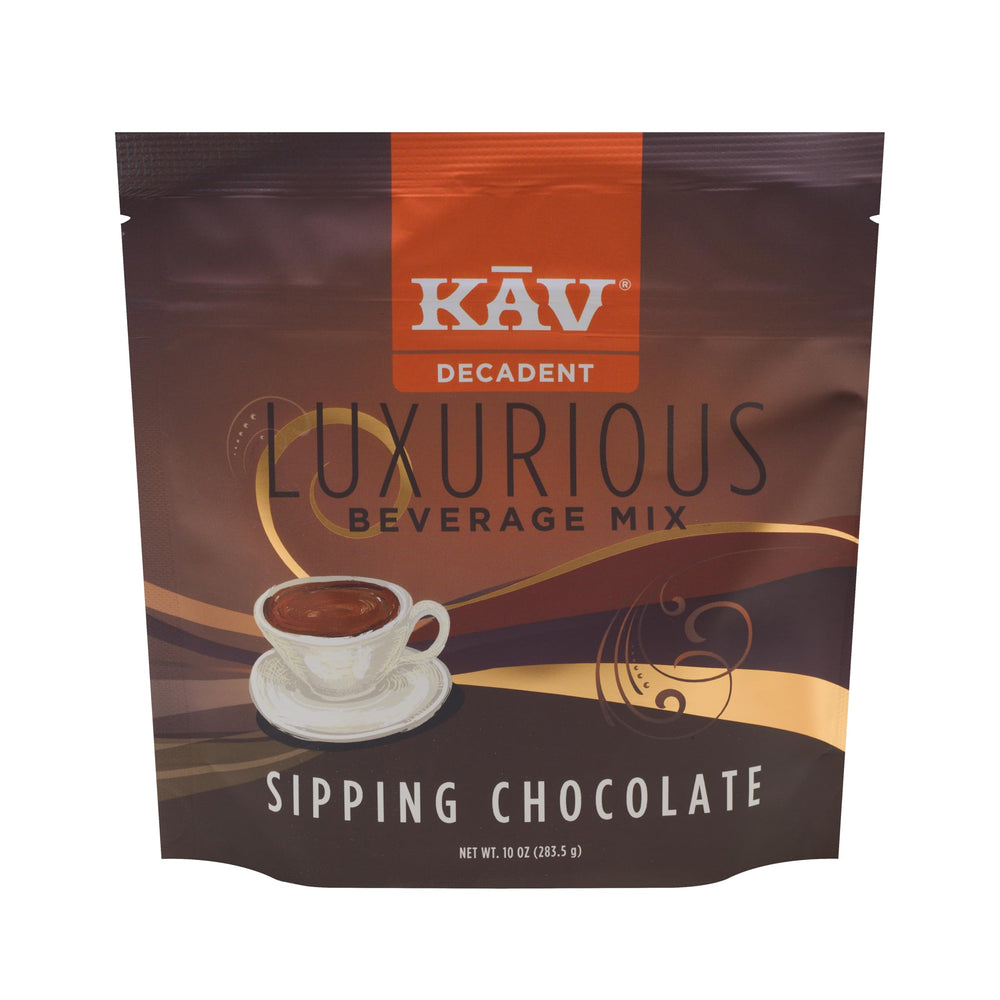 KAV Decadent rich sipping chocolate bottle pour showcases premium flavor for cozy evenings.