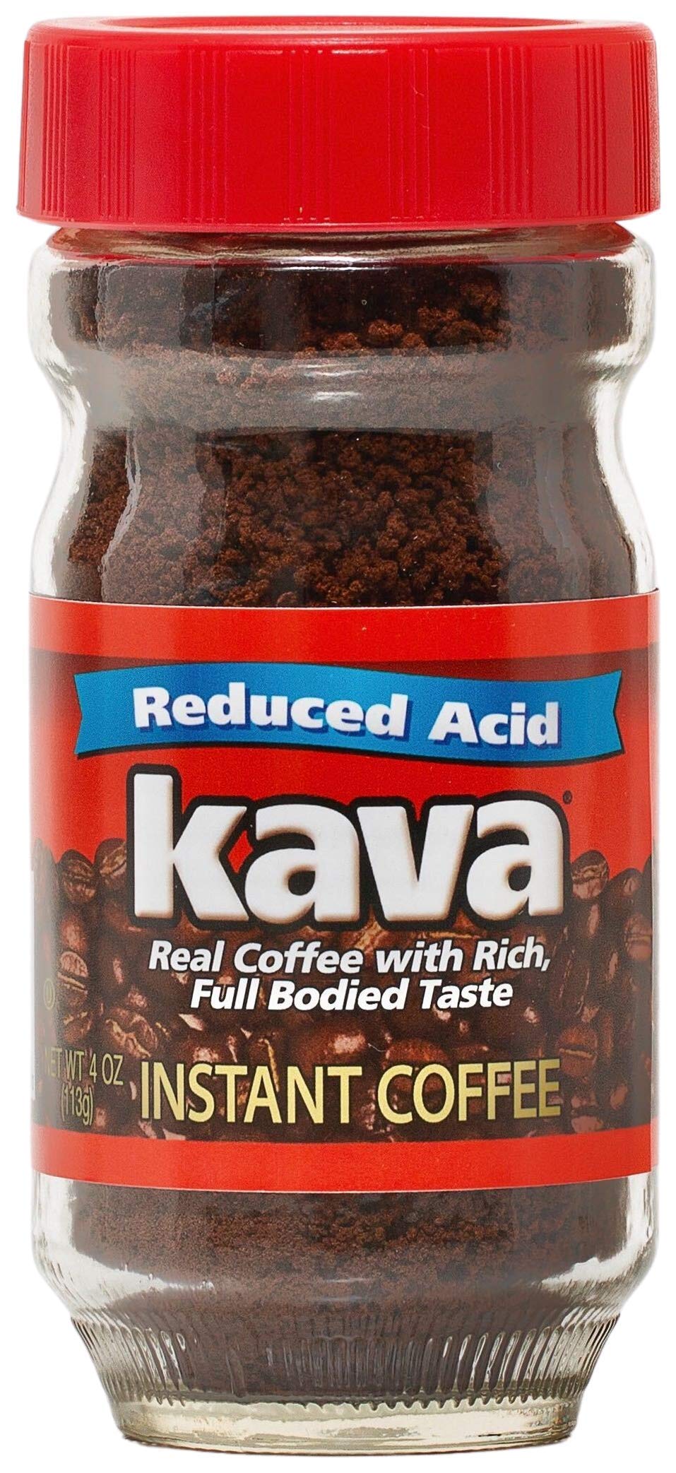 Kava acid-reduced instant coffee in glass jar with 4 oz size and full-bodied aroma.