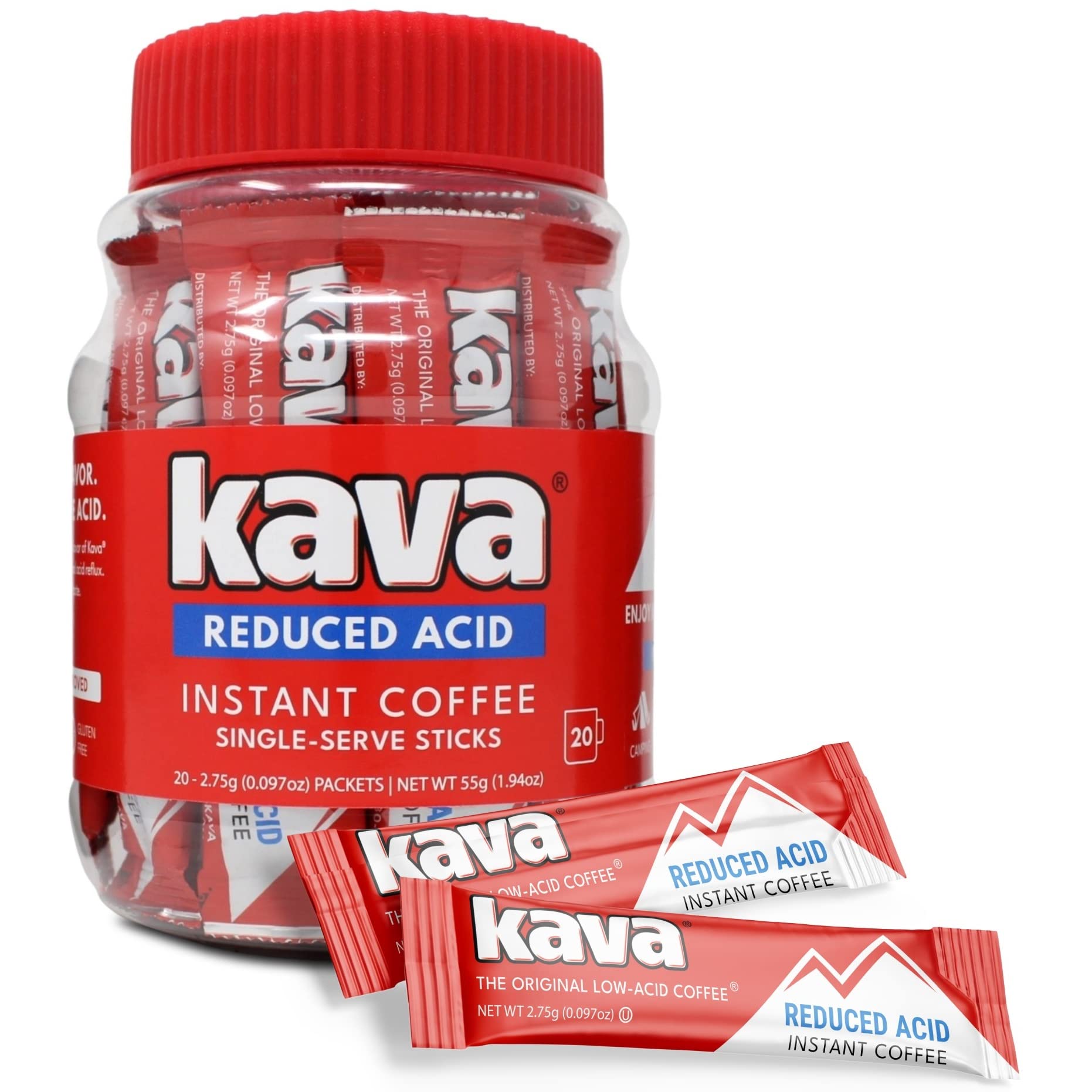 Kava low-acid instant coffee stick pack for on-the-go energy.