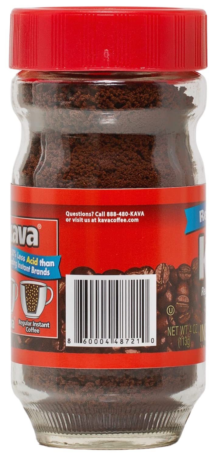 Kava Reduced Acid Instant Coffee front with logo lid, emphasizing convenience and flavor.