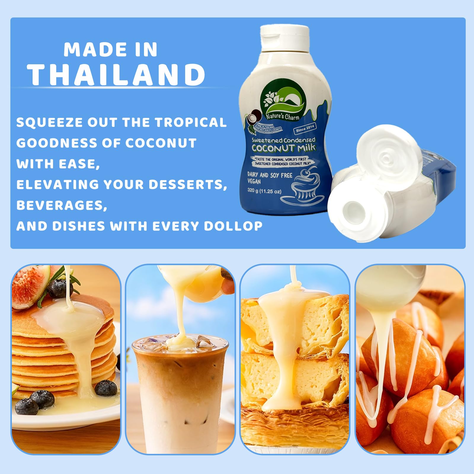 Dairy-free label on Nature's Charm condensed coconut milk for vegan diets.
