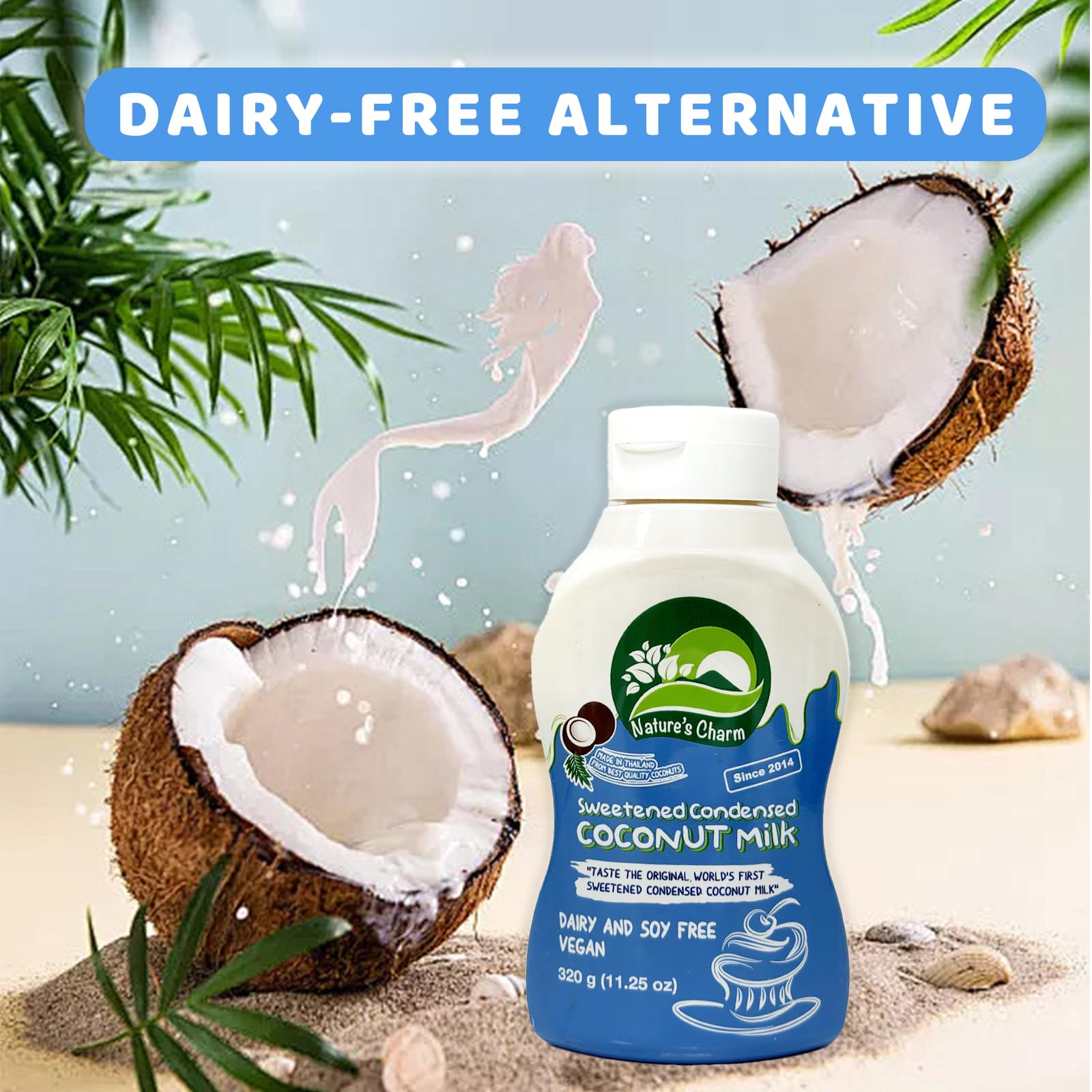 Nature's Charm condensed coconut milk used as a dairy-free creamer in coffee.