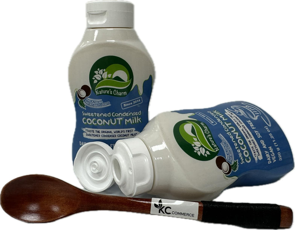 KC Commerce Nature's Charm condensed coconut milk two-pack squeeze bottle for easy dosing.