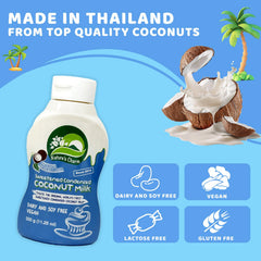 Close-up of Nature's Charm condensed coconut milk texture, silky and rich.