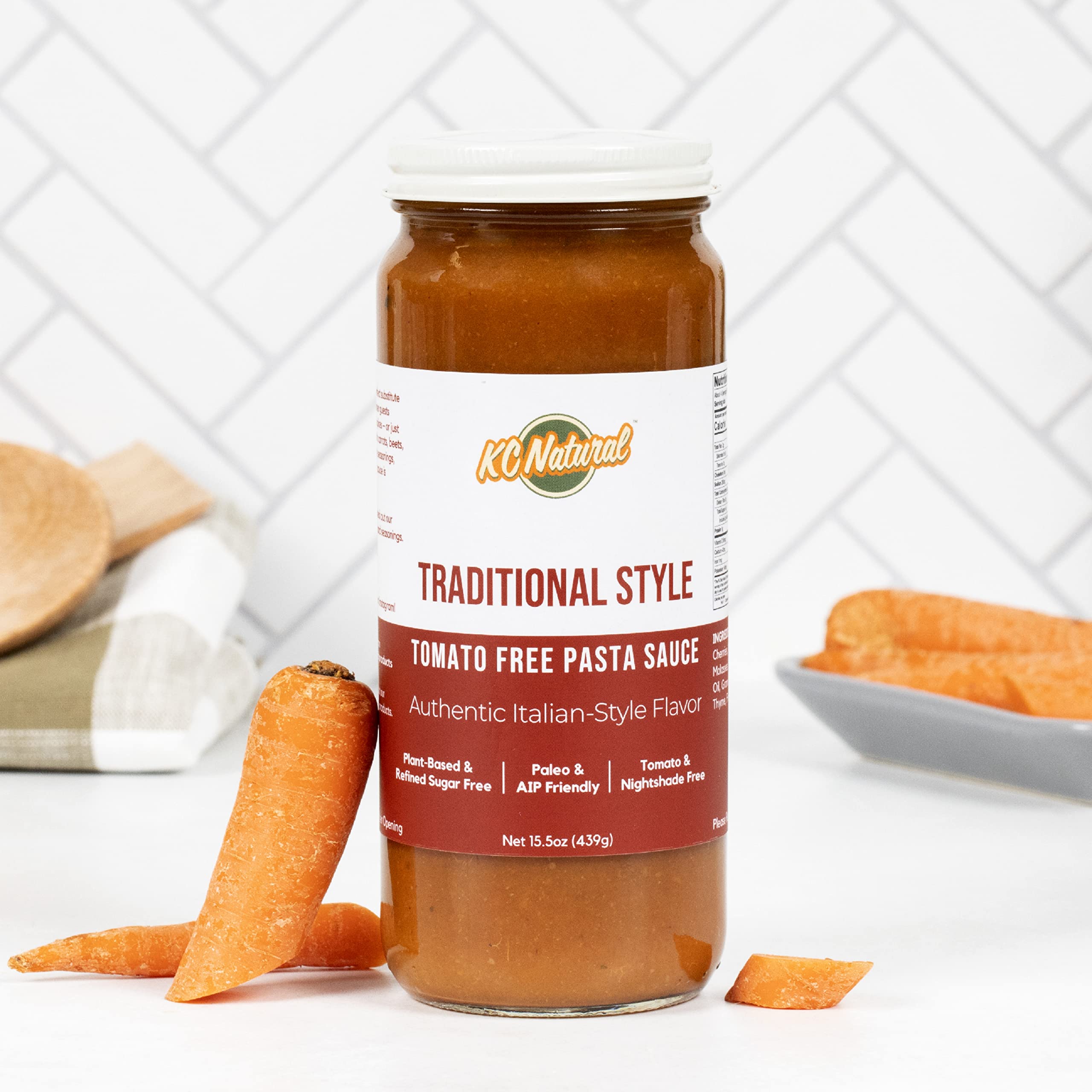 KC Natural Tomato Free Pasta Sauce glass bottle conveys premium, refined sugar-free flavor.