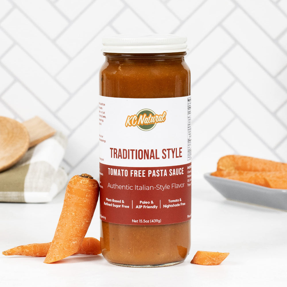 KC Natural Tomato Free Pasta Sauce glass bottle conveys premium, refined sugar-free flavor.