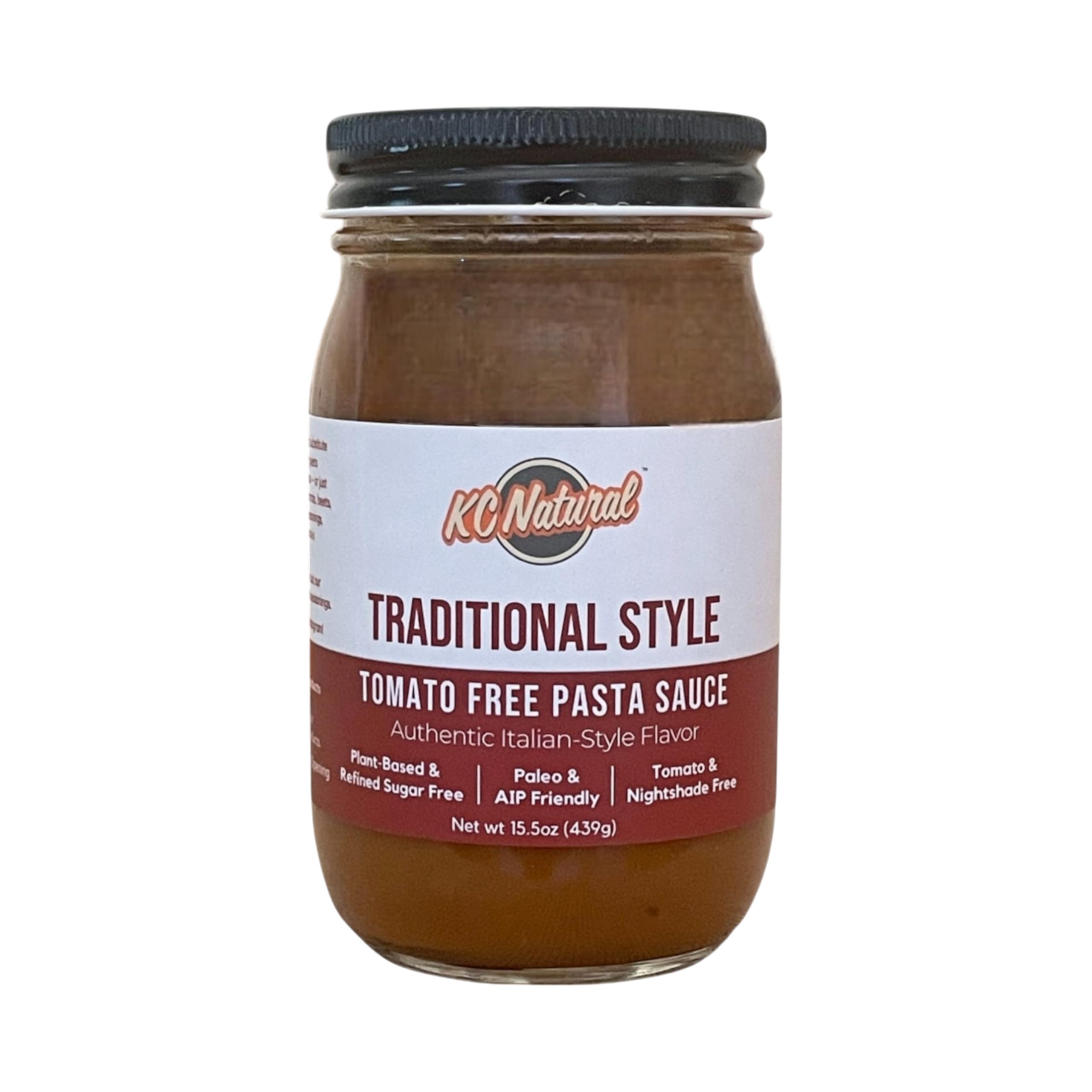 KC Natural Tomato Free Pasta Sauce label highlights vegan and nightshade-free ingredients.