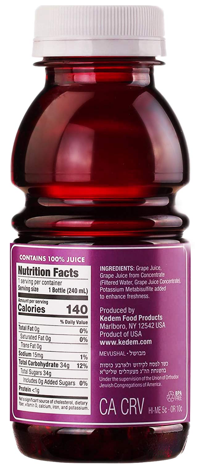 Kedem Concord Grape Juice travel-size 8oz bottle, ideal for trips and Sabbath programs.