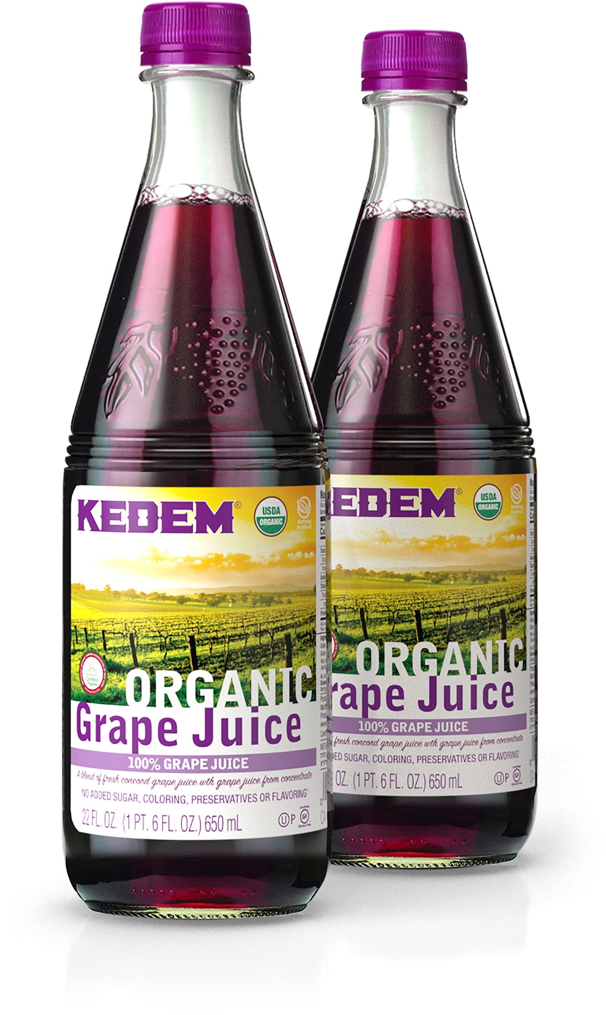 Kedem Organic Grape Juice 22 oz 2-pack front view, refreshing and sugar-free option for families