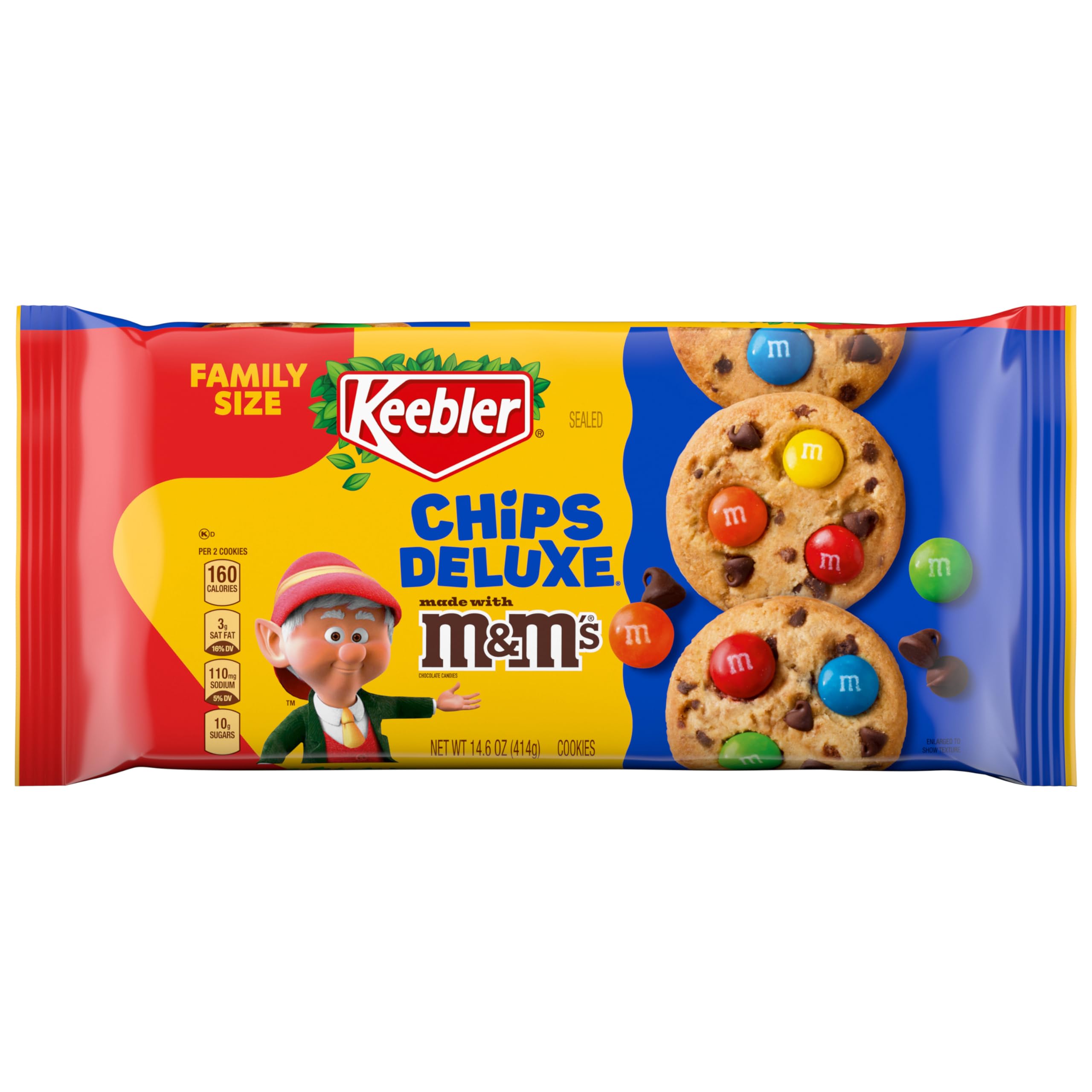 Keebler Chips Deluxe cookies with M&amp;M's pack close-up, ideal for sharing at gatherings.