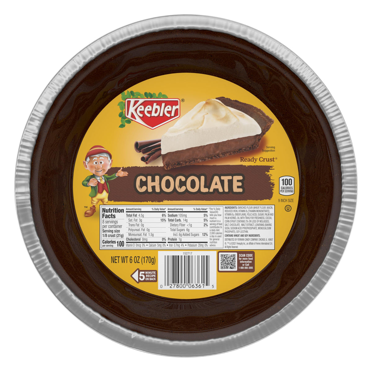 Keebler Ready Crust chocolate pie shell nine-inch for baked or no-bake pies.
