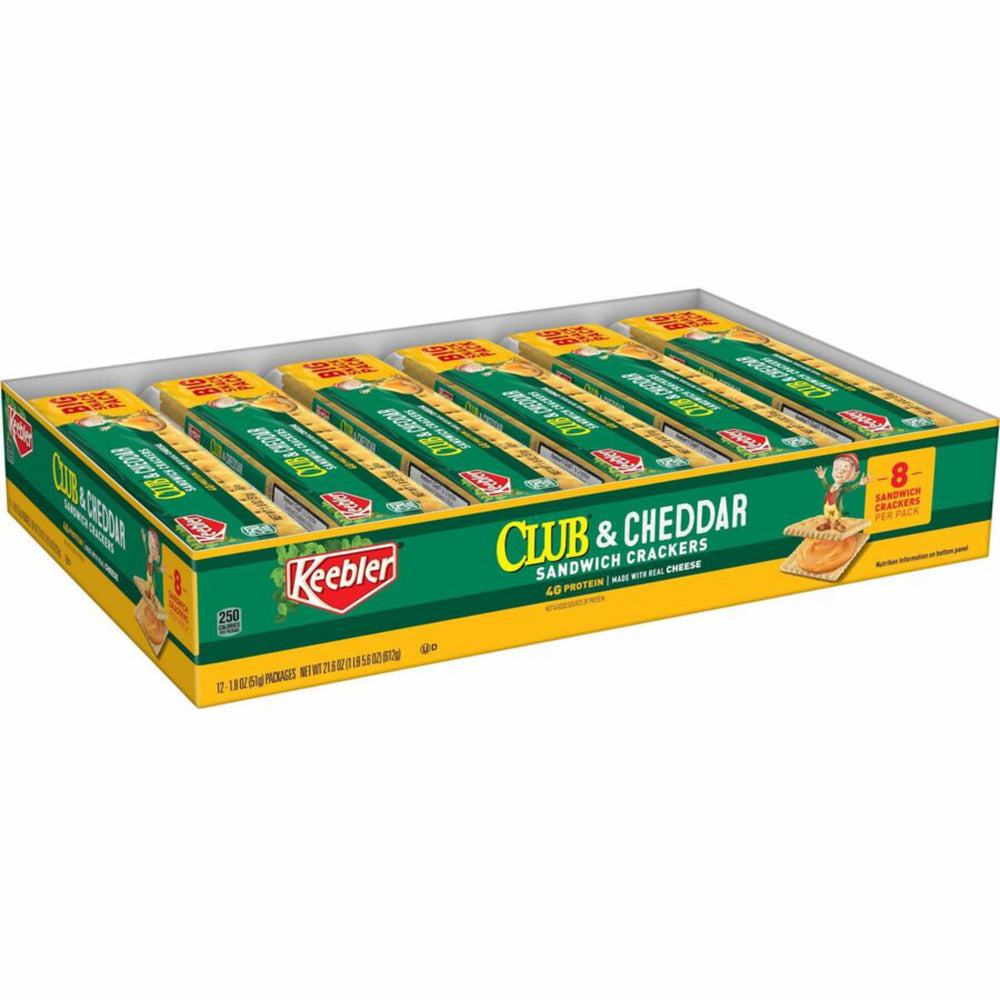Keebler Sandwich Crackers Club & Cheddar pack front view for convenient single-serve snacking