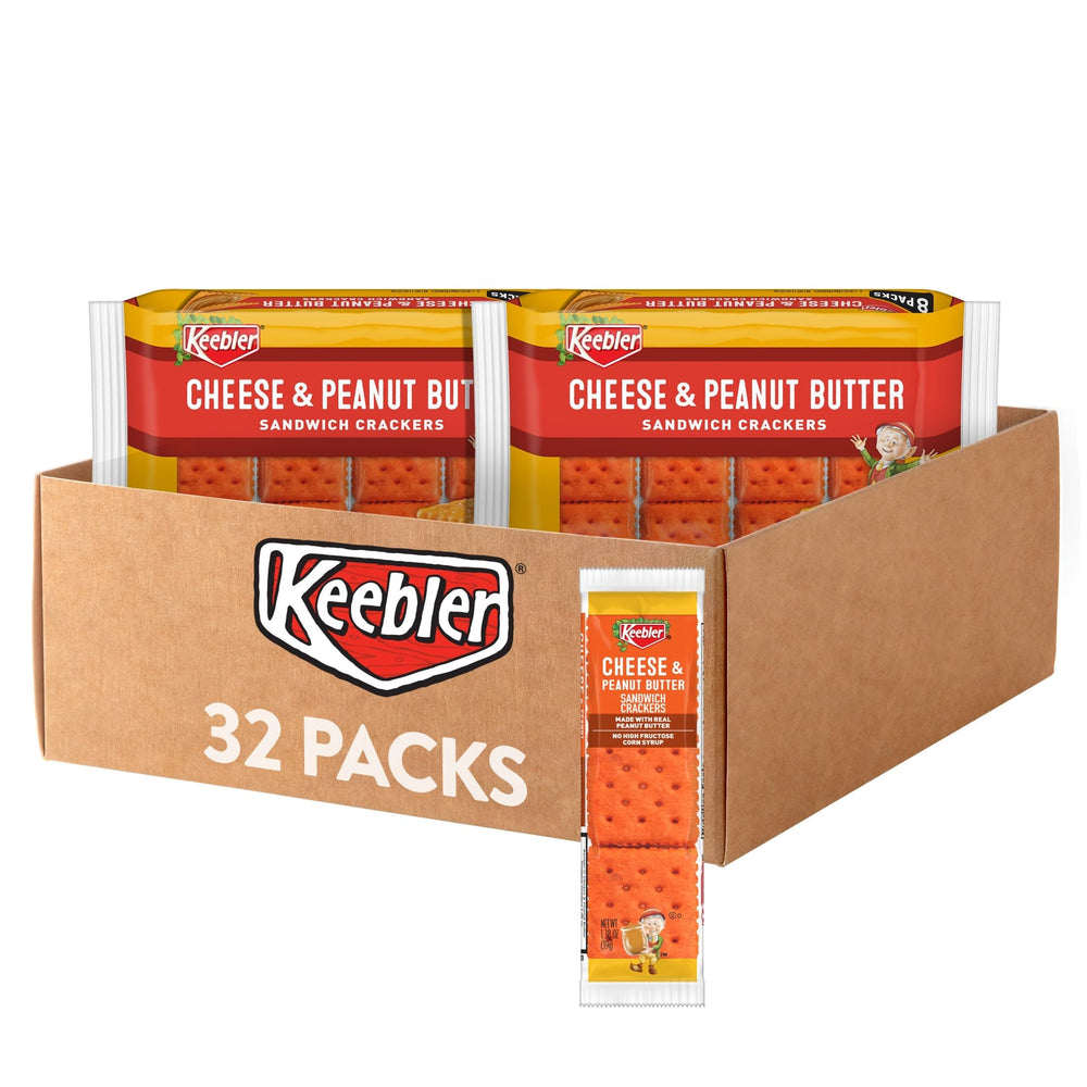 Keebler cheese and peanut butter sandwich crackers in a 4-tray 32-pack, ideal for lunches