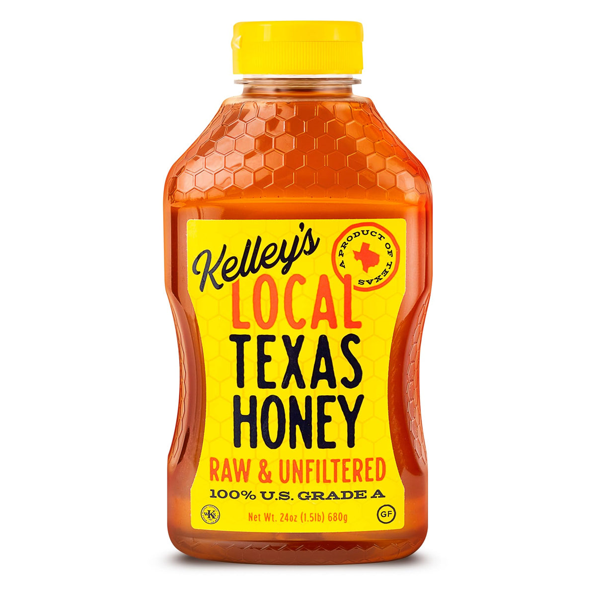 Kelleys Local Texas Honey bottle front with Go Texan label and pure sweetness.