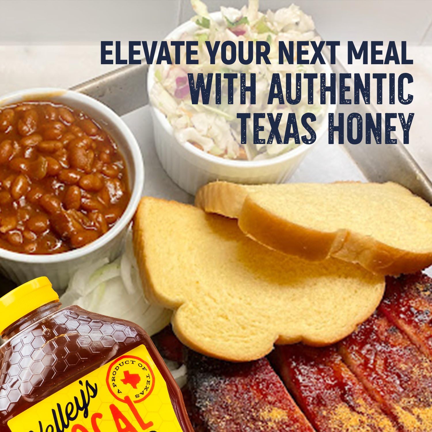Texas landscape backdrop behind Kelleys Local Texas Honey bottle, celebrating local heritage.