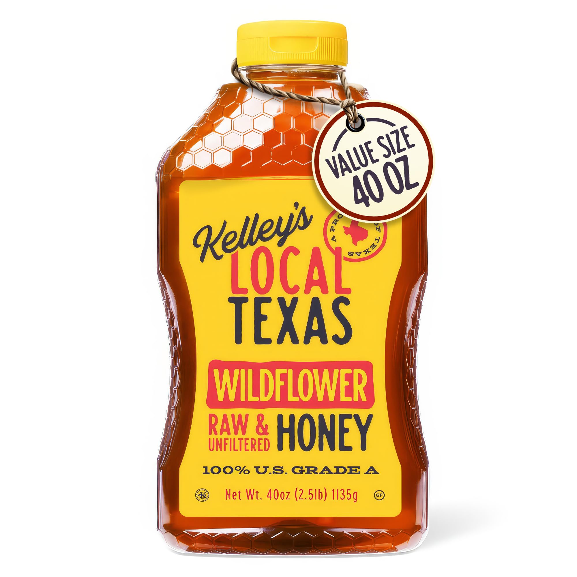 Kelley's Wildflower Honey 40 oz bottle ready for everyday use.