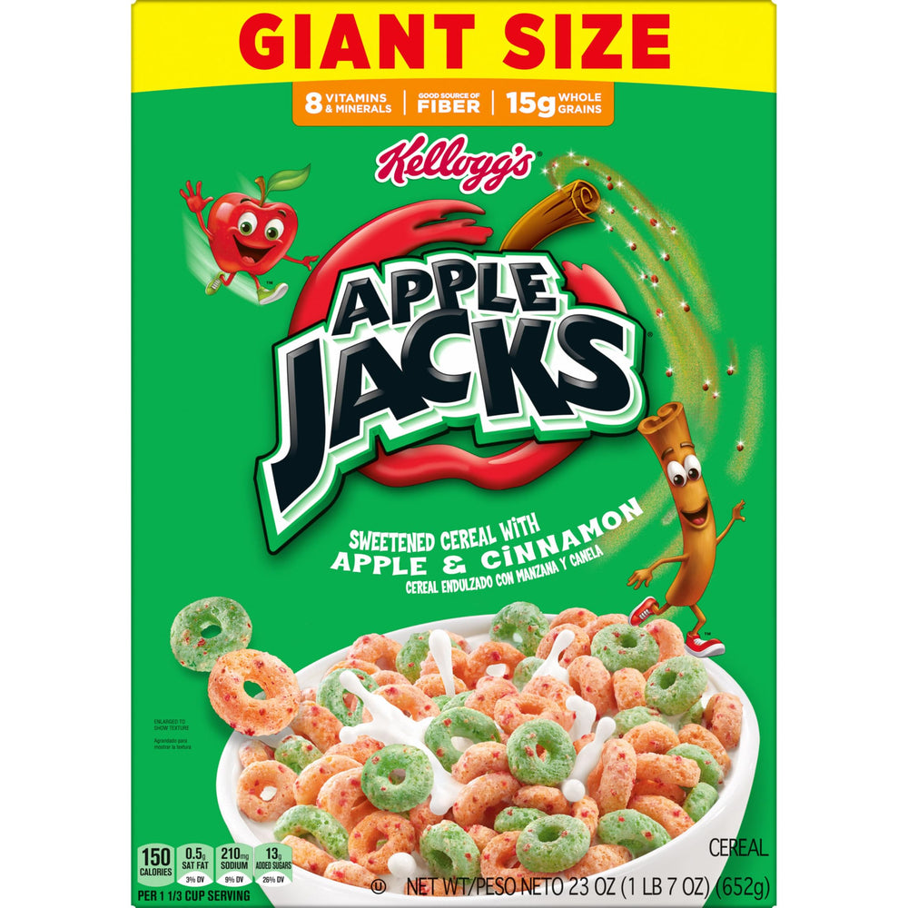 Bright orange and green Kellogg's Apple Jacks loops on a table