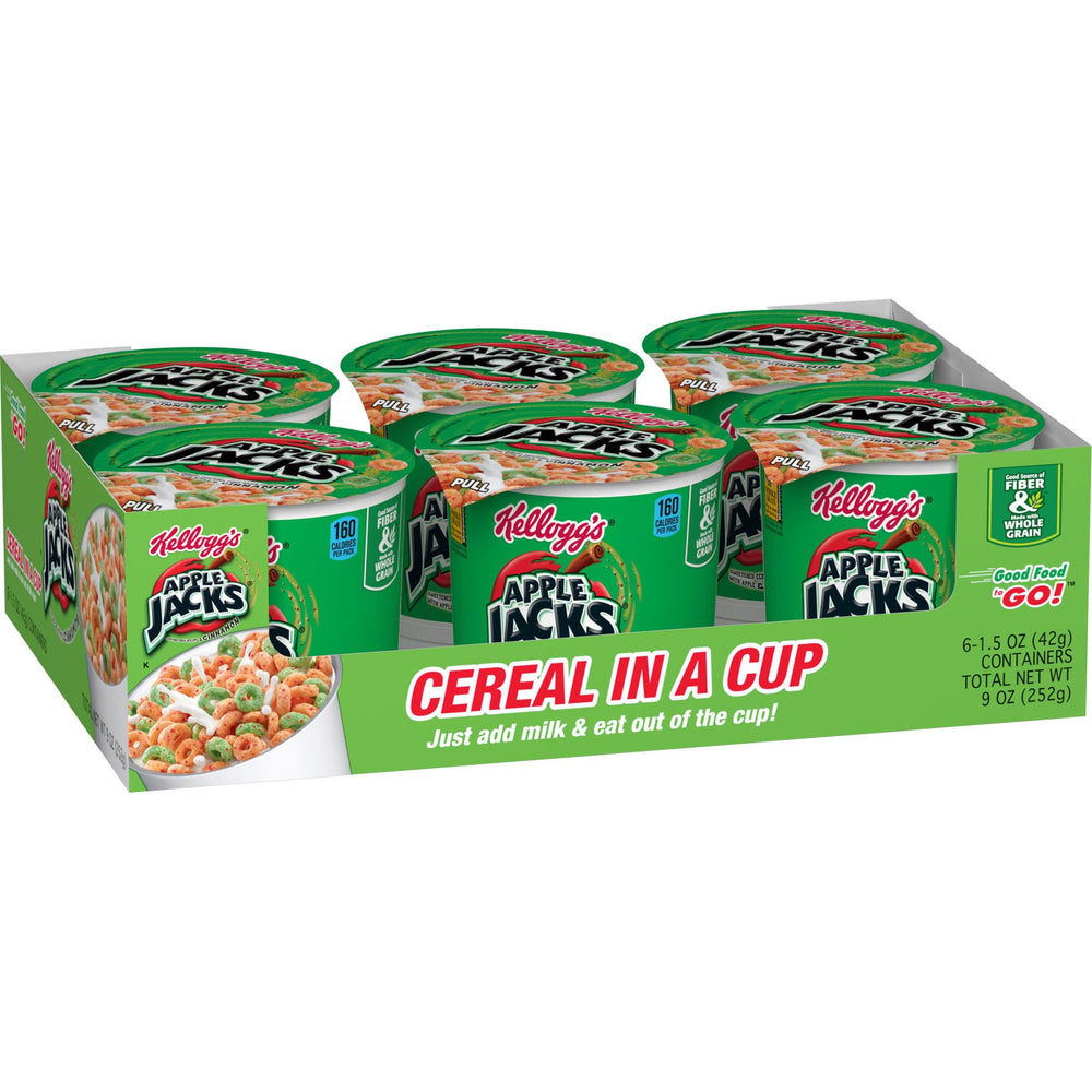 Kellogg's Apple Jacks Cups display crisp apple cinnamon bites for a quick breakfast on the go.