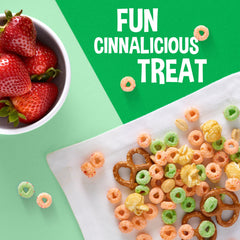 Spilled bowl of Kellogg's Apple Jacks showing color and texture