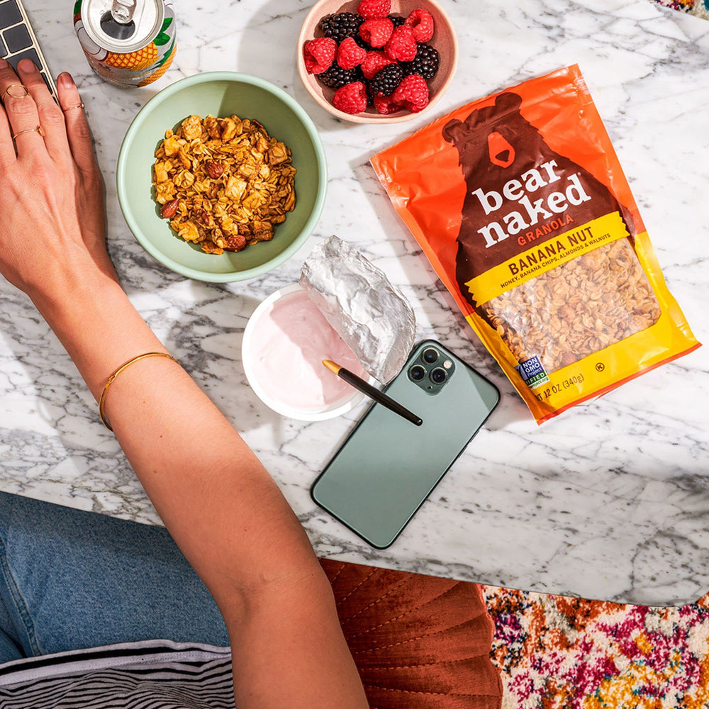 Kellogg's Bear Naked Banana Nut granola with banana chips close-up, fruity sweetness.